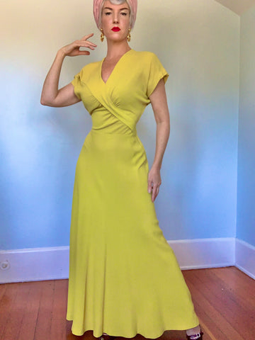 Rare 1940s Acid Chartreuse Rayon Crepe Bias Cut Evening Gown