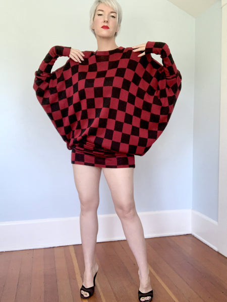 1980s Designer "Norma Kamali" Avant-Garde Extreme Bat-Wing Checkered Sweater Maxi Cocoon Dress