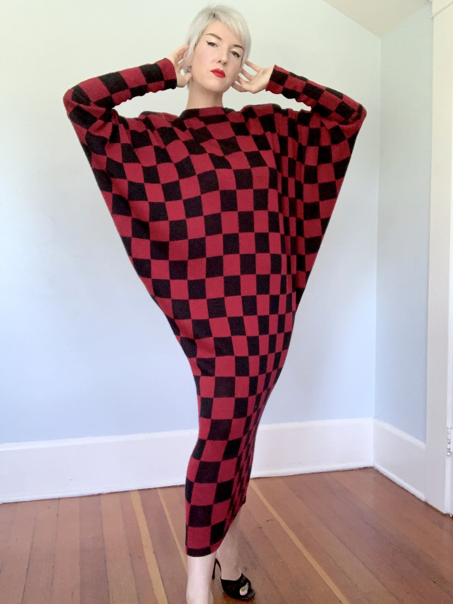 1980s Designer "Norma Kamali" Avant-Garde Extreme Bat-Wing Checkered Sweater Maxi Cocoon Dress