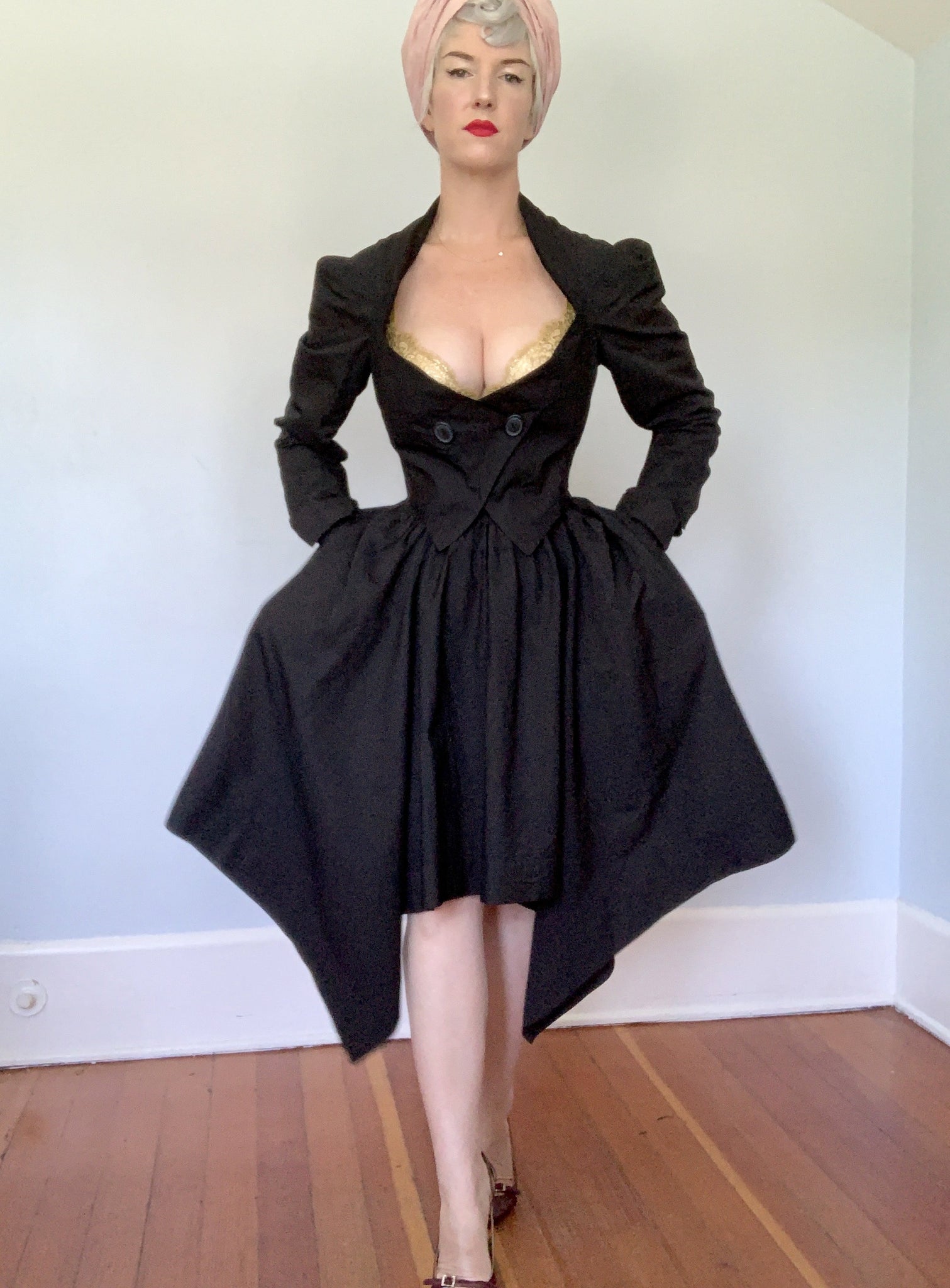 Vintage Designer "Vivienne Westwood Anglomania" 2 Piece Inky Black Satin Suit w/ Unique Cut Full Skirt