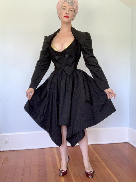 Vintage Designer "Vivienne Westwood Anglomania" 2 Piece Inky Black Satin Suit w/ Unique Cut Full Skirt