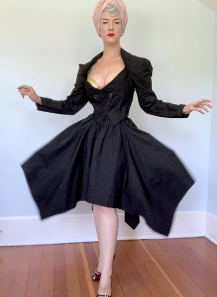 Vintage Designer "Vivienne Westwood Anglomania" 2 Piece Inky Black Satin Suit w/ Unique Cut Full Skirt