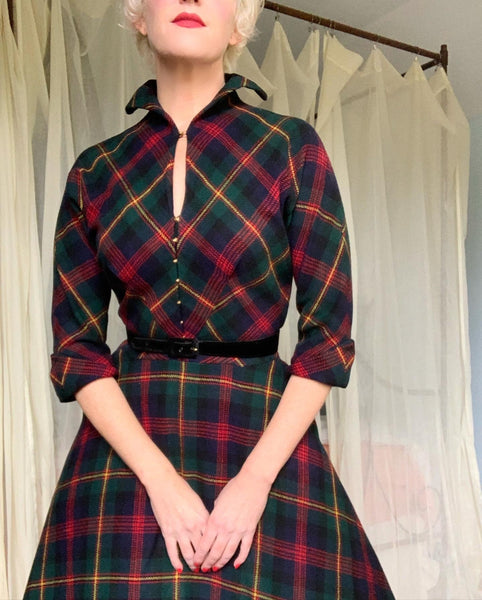 1950s "Claire McCardell" Tartan Plaid Wool Day Dress / Party Dress