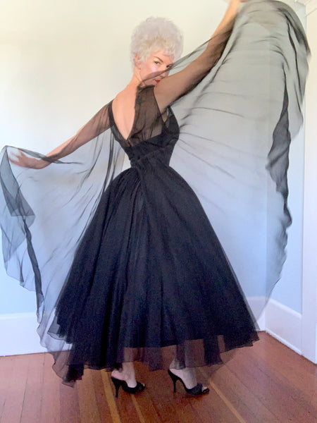 Custom Made 1950s Designer "Ben Reig" Silk Chiffon Illusion Bust Party Dress w/ Huge Wings