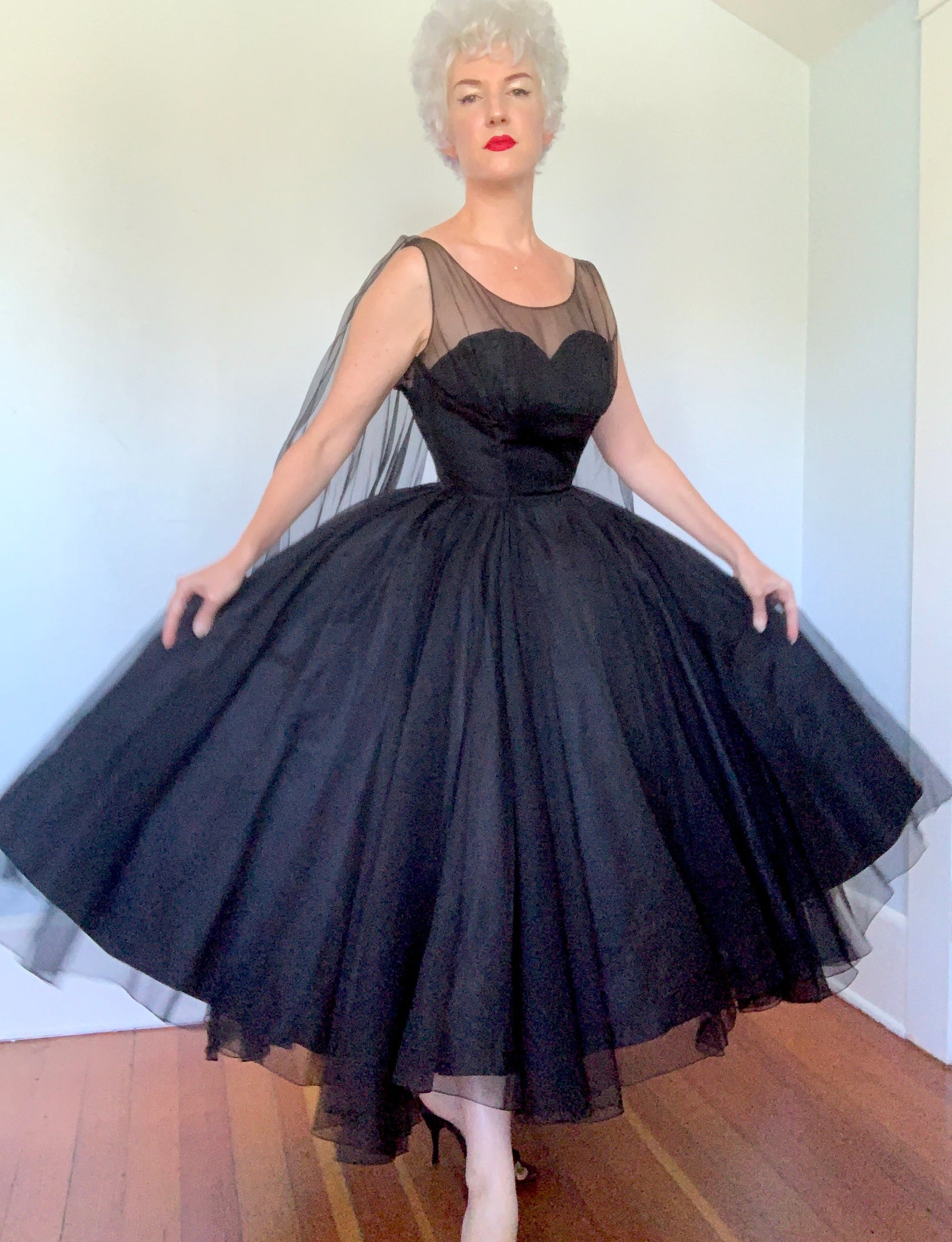 Custom Made 1950s Designer "Ben Reig" Silk Chiffon Illusion Bust Party Dress w/ Huge Wings