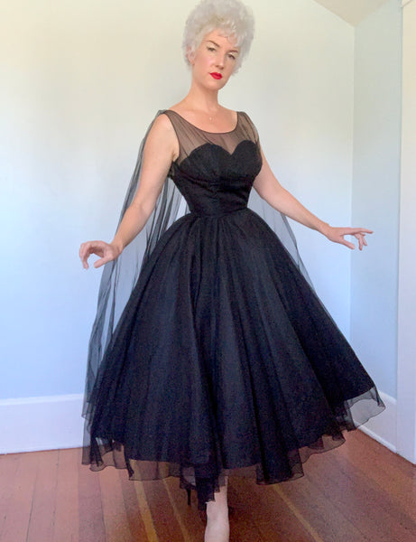 Custom Made 1950s Designer "Ben Reig" Silk Chiffon Illusion Bust Party Dress w/ Huge Wings