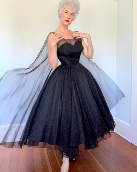 Custom Made 1950s Designer "Ben Reig" Silk Chiffon Illusion Bust Party Dress w/ Huge Wings