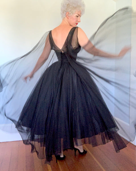 Custom Made 1950s Designer "Ben Reig" Silk Chiffon Illusion Bust Party Dress w/ Huge Wings