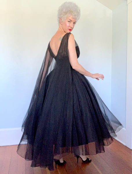 Custom Made 1950s Designer "Ben Reig" Silk Chiffon Illusion Bust Party Dress w/ Huge Wings