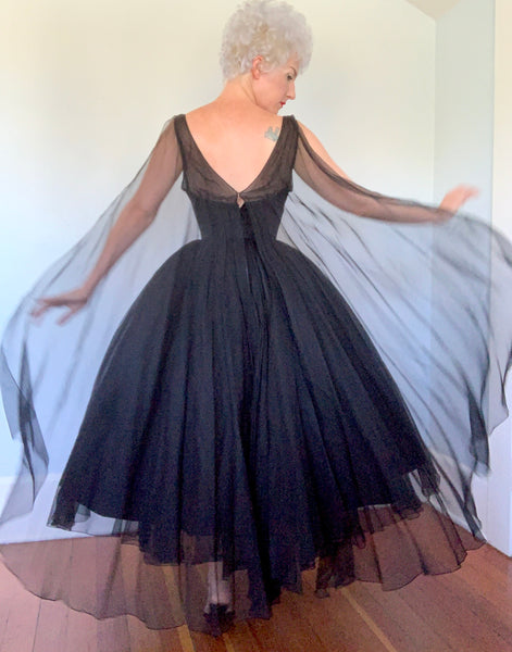 Custom Made 1950s Designer "Ben Reig" Silk Chiffon Illusion Bust Party Dress w/ Huge Wings