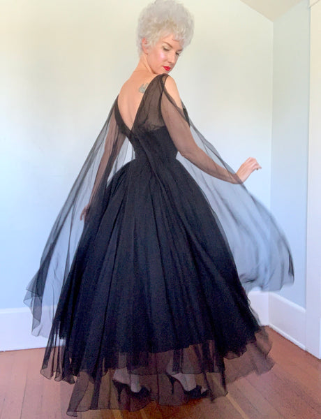 Custom Made 1950s Designer "Ben Reig" Silk Chiffon Illusion Bust Party Dress w/ Huge Wings