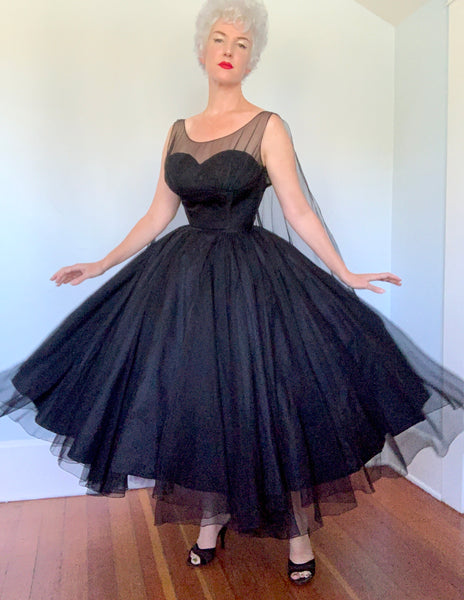 Custom Made 1950s Designer "Ben Reig" Silk Chiffon Illusion Bust Party Dress w/ Huge Wings