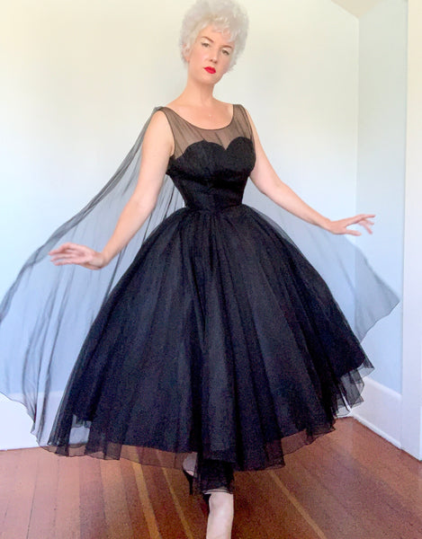 Custom Made 1950s Designer "Ben Reig" Silk Chiffon Illusion Bust Party Dress w/ Huge Wings