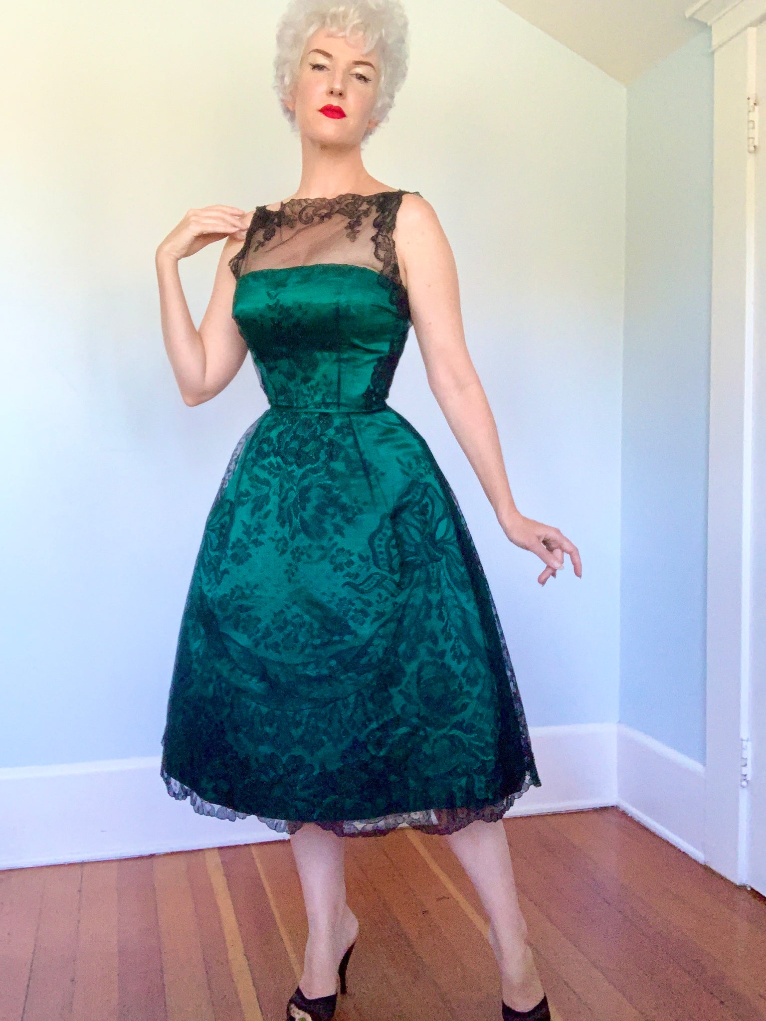 1950s Designer "Harvey Berin" Silk w/ Chantilly Lace Overlay Party Dress