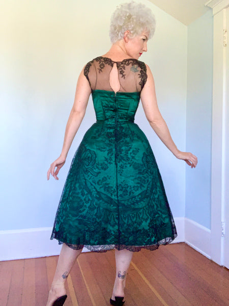 1950s Designer "Harvey Berin" Silk w/ Chantilly Lace Overlay Party Dress