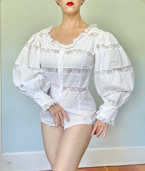 1960s "Tachi Castillo" Hand Made Cotton & Lace Mexican Peasant Blouse / Huge Lantern Sleeves