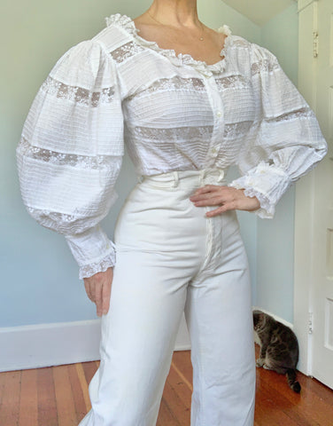 1960s "Tachi Castillo" Hand Made Cotton & Lace Mexican Peasant Blouse / Huge Lantern Sleeves