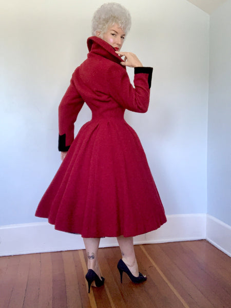 Custom Made 1950s Italian Wool Boucle w/ Velvet New Look Princess Coat by "Fabiani Roma"