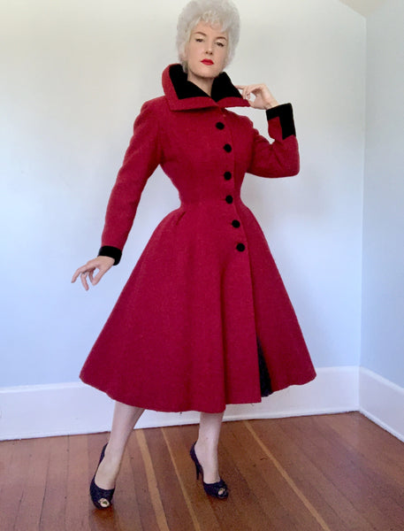 Custom Made 1950s Italian Wool Boucle w/ Velvet New Look Princess Coat by "Fabiani Roma"