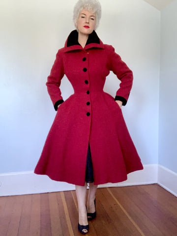 Custom Made 1950s Italian Wool Boucle w/ Velvet New Look Princess Coat by "Fabiani Roma"