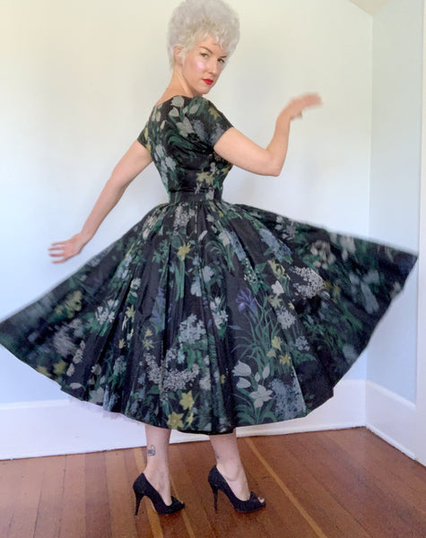 Museum Worthy 1950s "James GALANOS" Silk New Look Party Dress w/ Watercolor Blooming Night Garden Floral