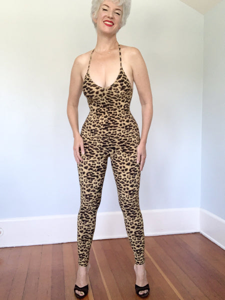 Risque Designer "Norma Kamali" Leopard Print Booty Cleavage Backless Catsuit