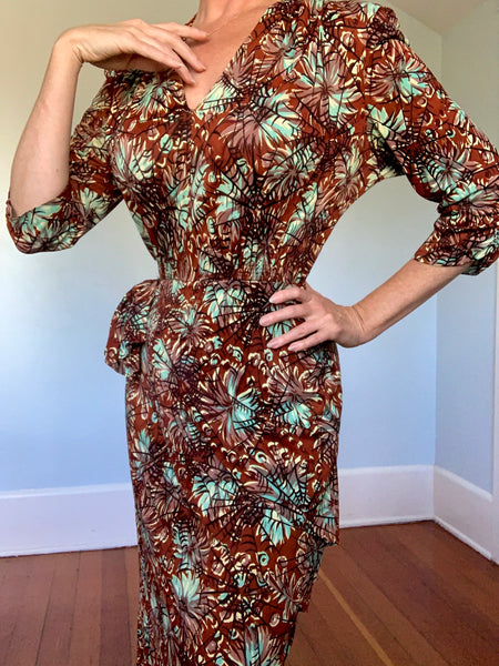 Rare 1940s Stretch Rayon Jersey Spiderweb Novelty Print Cocktail Dress