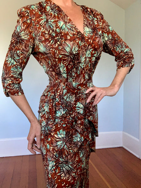 Rare 1940s Stretch Rayon Jersey Spiderweb Novelty Print Cocktail Dress