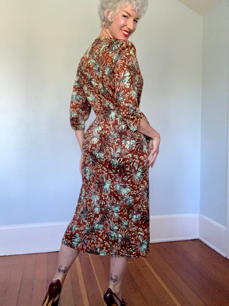 Rare 1940s Stretch Rayon Jersey Spiderweb Novelty Print Cocktail Dress