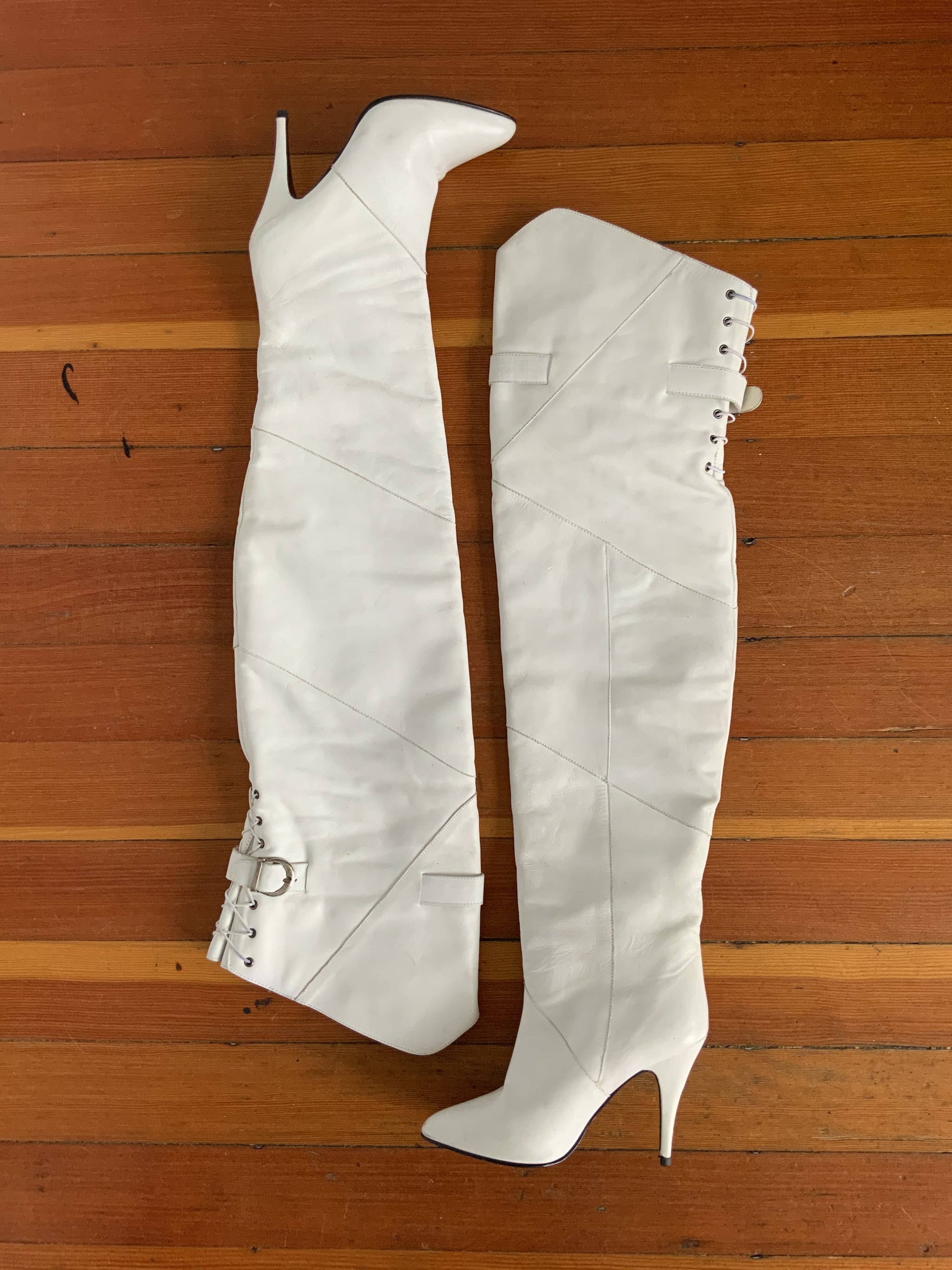 Deadstock 1980s White Leather Thigh-High Spike Stiletto Boots with