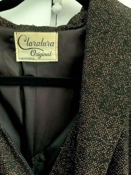 1950s 2 Piece Metallic Bronze Lurex Hourglass Evening Gown & Trapeze Coat w/ Fox Fur Trim by "Claralura Originals California"