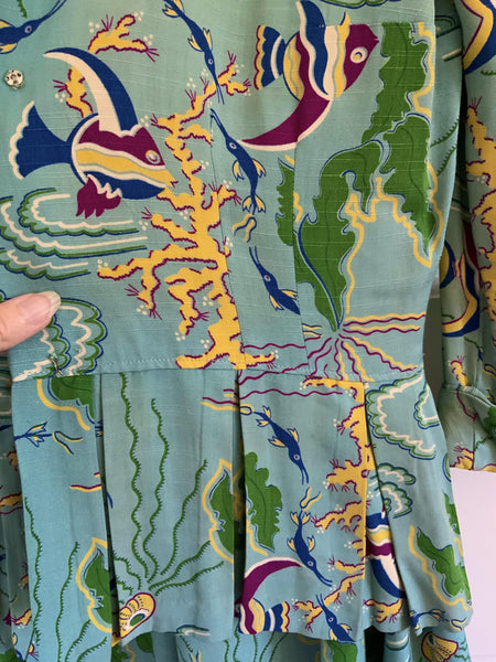 Rare 1940s Aqua Rayon 3 Piece Cocktail Suit w/ Under the Sea Novelty Print