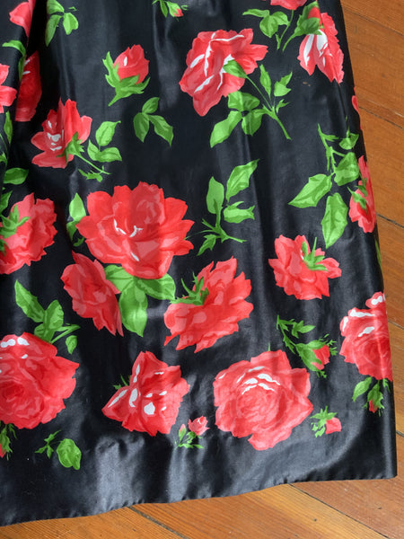 1970s Designer "Saint Laurent Rive Gauche" Polished Cotton Full Maxi Skirt with Red Roses Print & Tie Belt