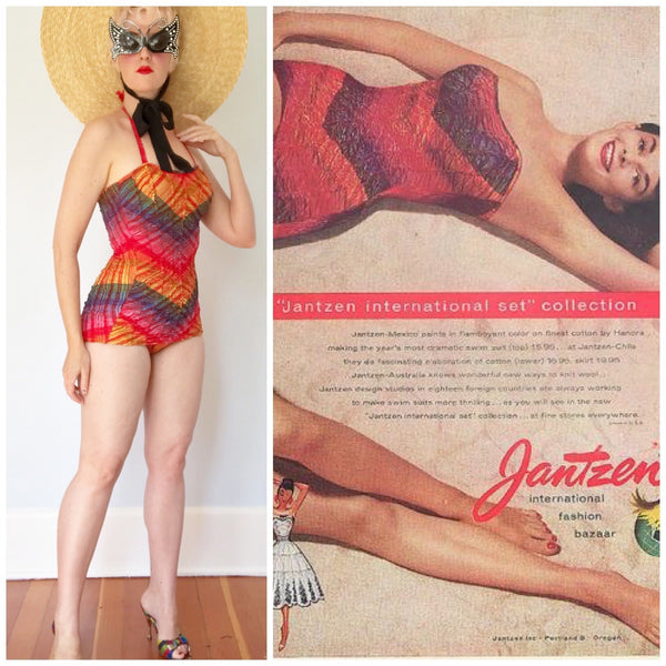 1950s "Jantzen International Set" Rainbow Cotton Ruched Swimsuit w/ Convertible Straps