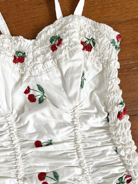 Documented 1950s "Jantzen" 2 Piece Embroidered Cherries Cotton Swimsuit & Swim Cover-Up