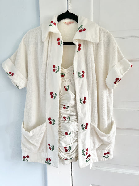 Documented 1950s "Jantzen" 2 Piece Embroidered Cherries Cotton Swimsuit & Swim Cover-Up