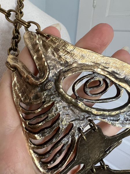 1960s Modernist Designer "Louis Giusti" Huge Gold Metal Fish Skeleton Statement Necklace