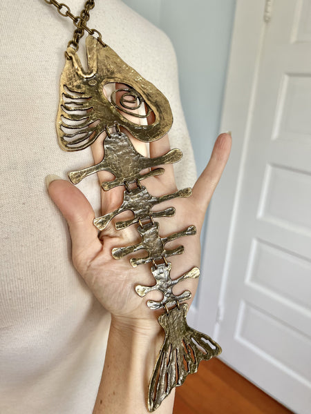 1960s Modernist Designer "Louis Giusti" Huge Gold Metal Fish Skeleton Statement Necklace