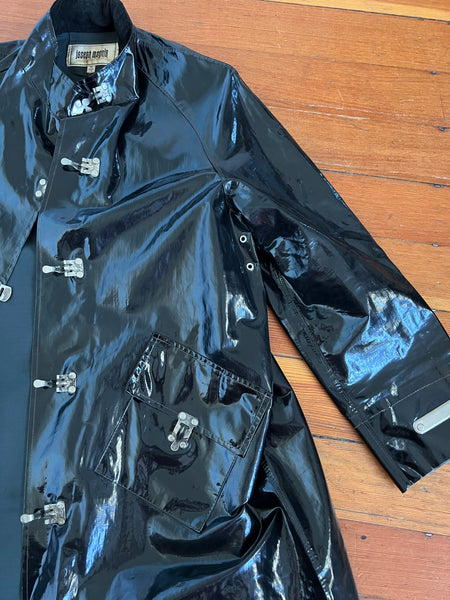 BDSM Vinyl Fetish Meets Mod 1960s Shiny Black PVC Coat w/ Silver Metal Large Buckles by "Joseph Magnin"