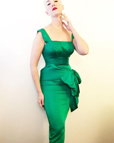 1950s Emerald Liquid Satin Custom Made Cocktail Dress by "Nikki's of Hollywood"