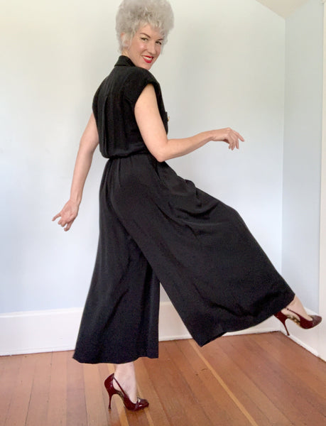 1980s does 1940s Designer "Anne Klein" Silk Pleated Palazzo Pant Jumpsuit